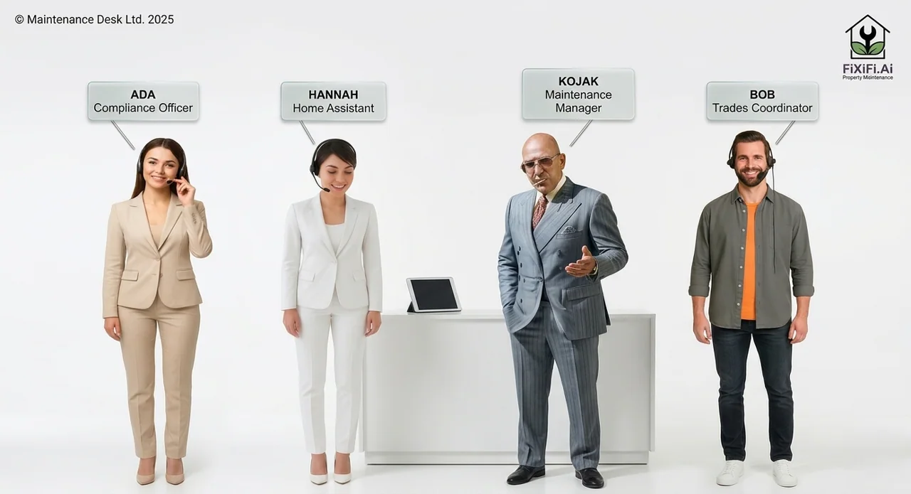 The FiXiFi.Ai Squad — Ada (Compliance Officer), Hannah (Home Assistant), Kojak (Maintenance Manager) and Bob (Trades Coordinator)